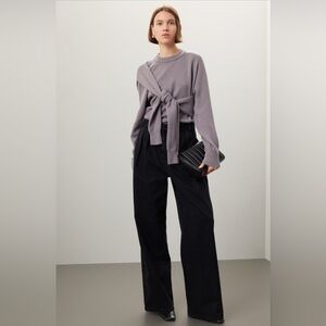 Tibi Black Stella Wide Leg Pleated Jeans